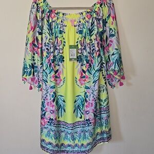 Lilly Pulitzer Neon Yellow Tropical Palm Print Mini Dress with Pink Tassels